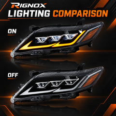 2010-2011 Toyota Camry LED Triple Projector Headlights Assembly — on off comparison — H-CAM10-DB-A