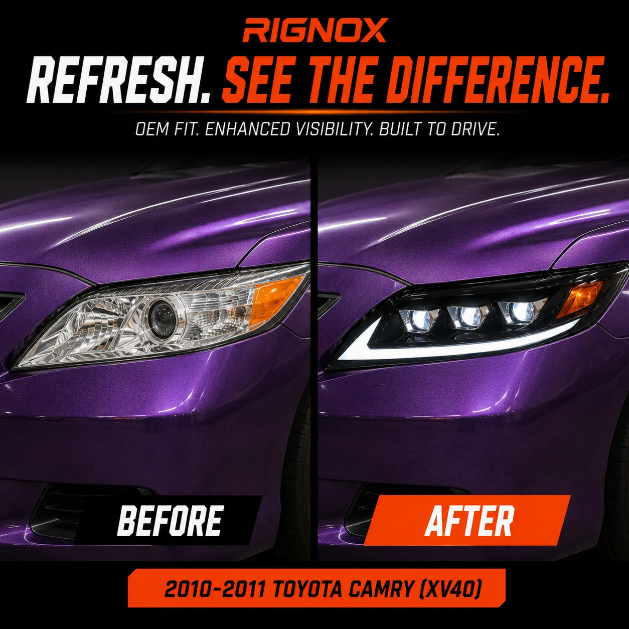 2010-2011 Toyota Camry LED Triple Projector Headlights Assembly — before after comparison — H-CAM10-A