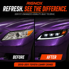 2010-2011 Toyota Camry LED Triple Projector Headlights Assembly — before after comparison — H-CAM10-A