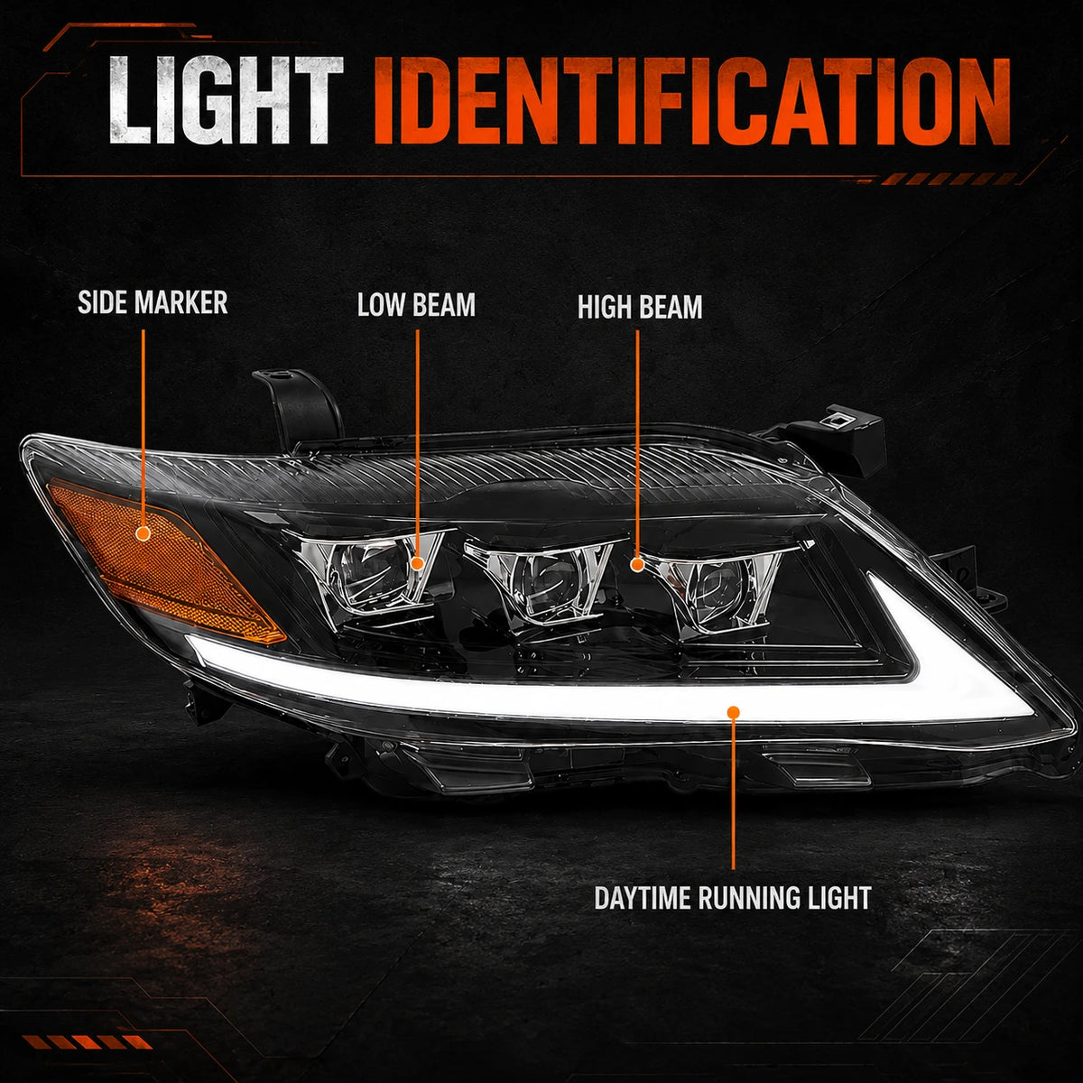 2010-2011 Toyota Camry LED Triple Projector Headlights Assembly — lighting identification — H-CAM10-A