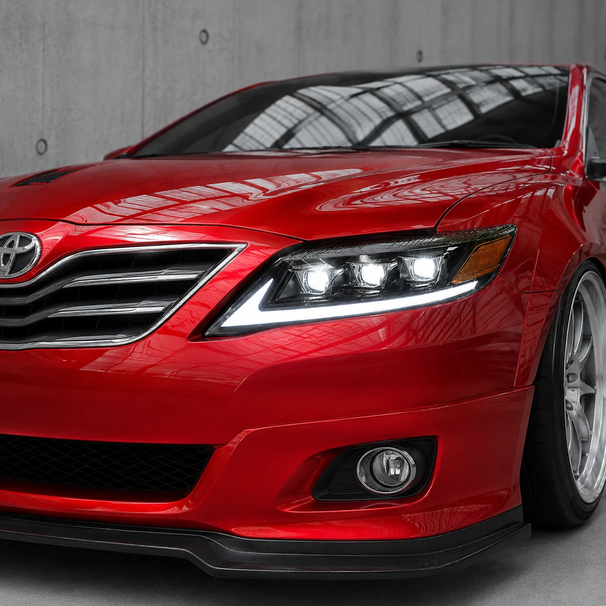 2010-2011 Toyota Camry LED Triple Projector Headlights Assembly — lights-on close-up — H-CAM10-A