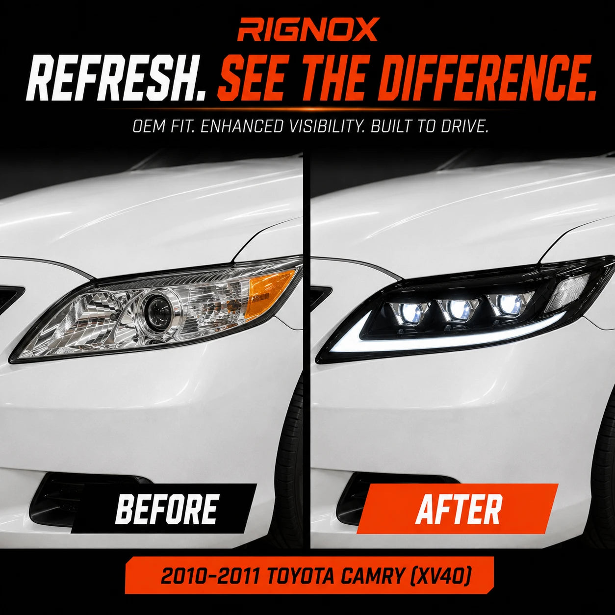 2010-2011 Toyota Camry LED Triple Projector Headlights Assembly — before after comparison — H-CAM10-CW