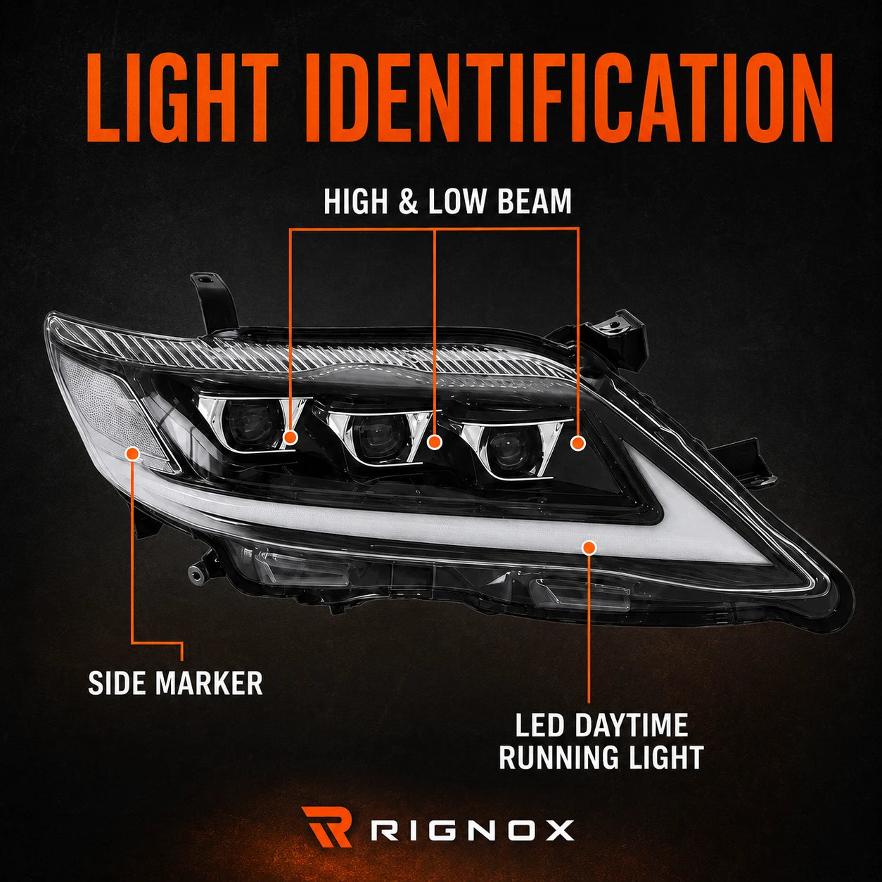 2010-2011 Toyota Camry LED Triple Projector Headlights Assembly — light identification — H-CAM10-CW