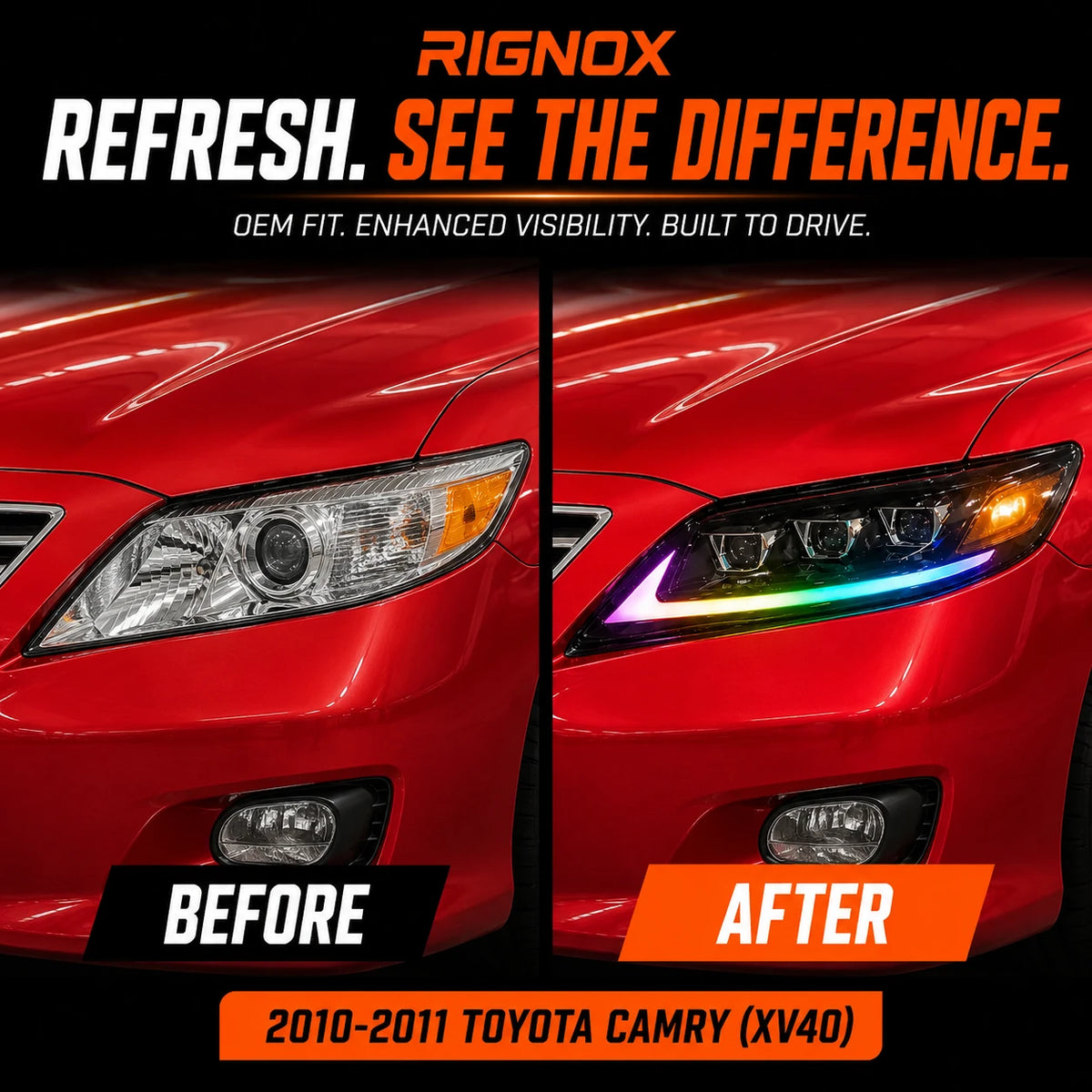 2010-2011 Toyota Camry LED Triple Projector Headlights Assembly — before after comparison — H-CAM10-RGB