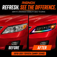 2010-2011 Toyota Camry LED Triple Projector Headlights Assembly — before after comparison — H-CAM10-RGB