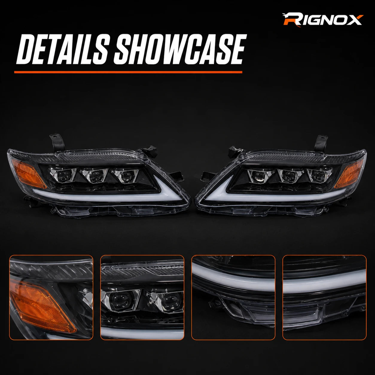 2010-2011 Toyota Camry LED Triple Projector Headlights Assembly — details showcase — H-CAM10-RGB