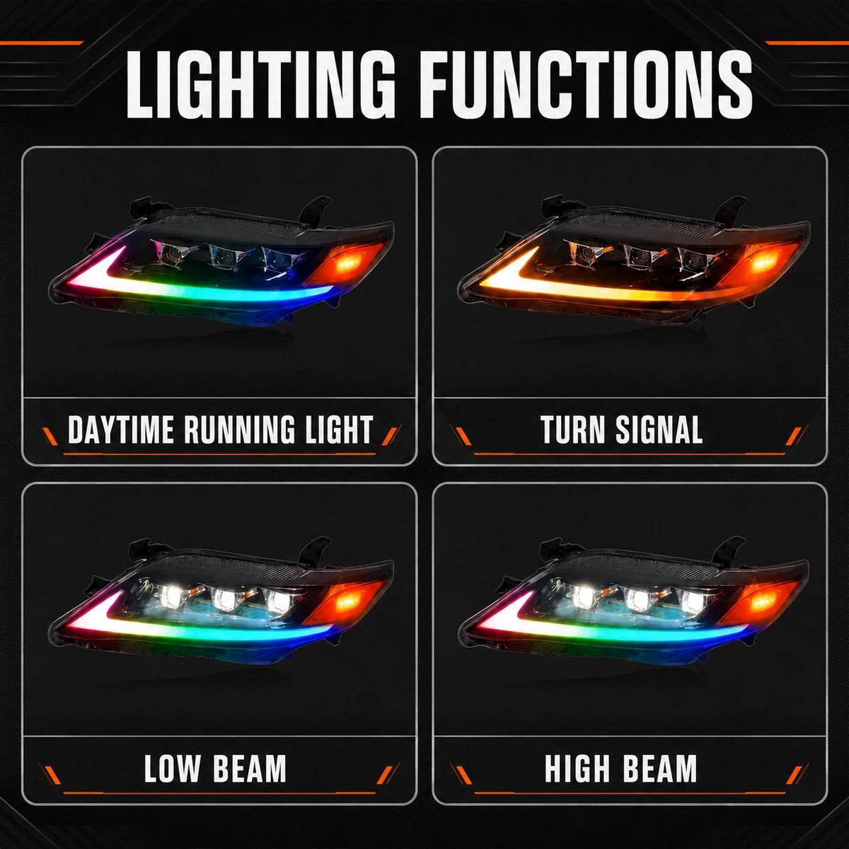 2010-2011 Toyota Camry LED Triple Projector Headlights Assembly — lighting functions — H-CAM10-RGB