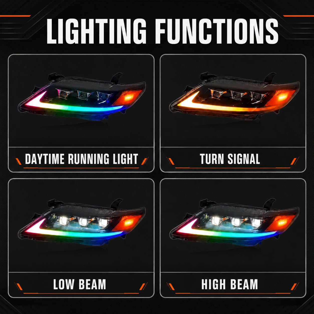 2010-2011 Toyota Camry LED Triple Projector Headlights Assembly — lighting functions — H-CAM10-RGB