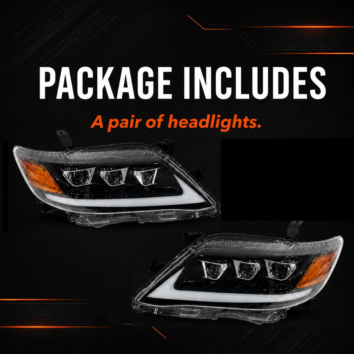 2010-2011 Toyota Camry LED Triple Projector Headlights Assembly — package includes — H-CAM10-RGB
