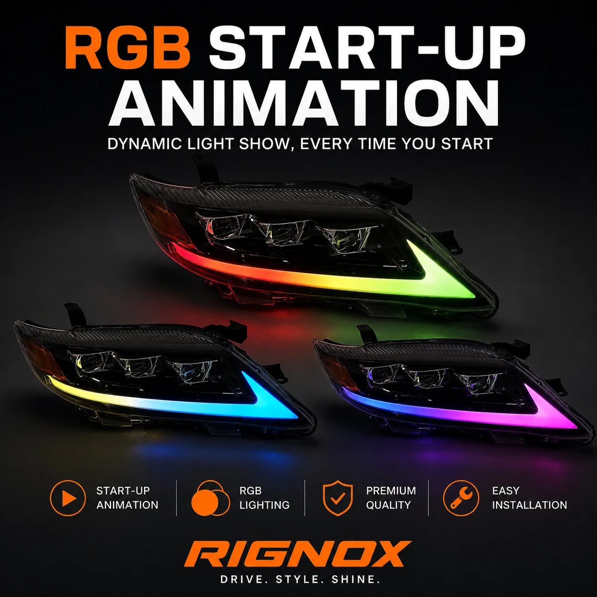 2010-2011 Toyota Camry LED Triple Projector Headlights Assembly — start-up animations — H-CAM10-RGB