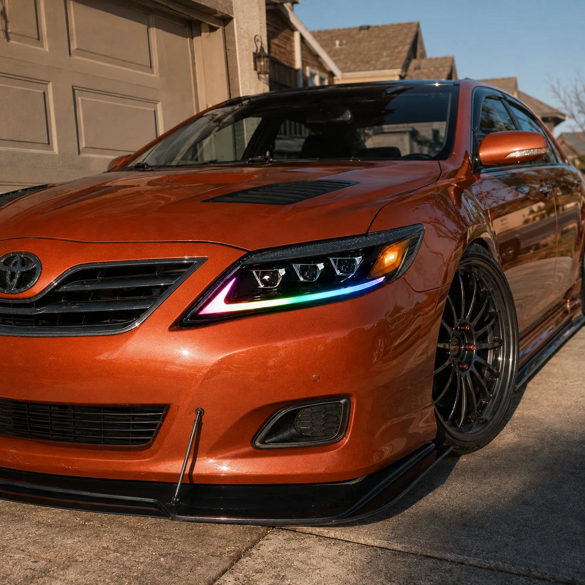 2010-2011 Toyota Camry LED Triple Projector Headlights Assembly — sunset close-up light — H-CAM10-RGB