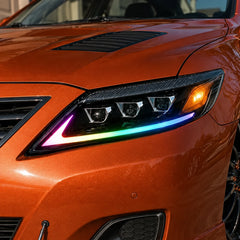 2010-2011 Toyota Camry LED Triple Projector Headlights Assembly — sunset close-up light — H-CAM10-RGB