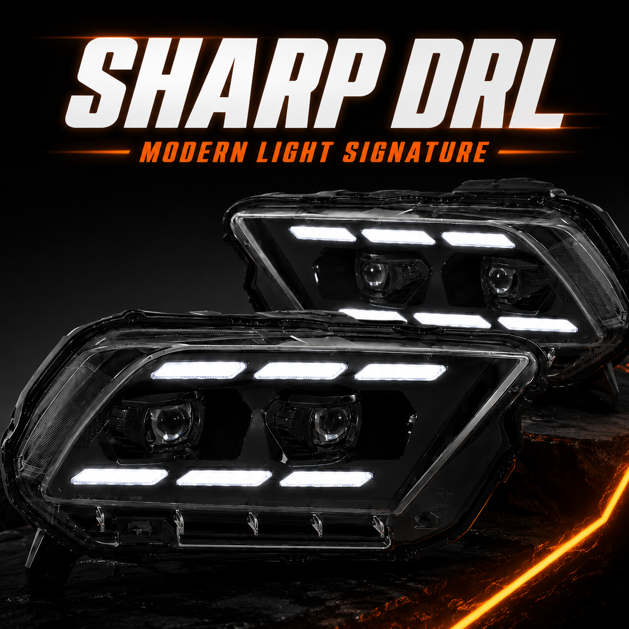 2010-2014 Ford Mustang LED Dual Projector Headlights — black housing LED projector DRL sequential DRL light bar