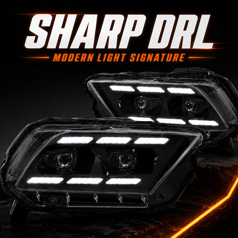 2010-2014 Ford Mustang LED Dual Projector Headlights — black housing LED projector DRL sequential DRL light bar