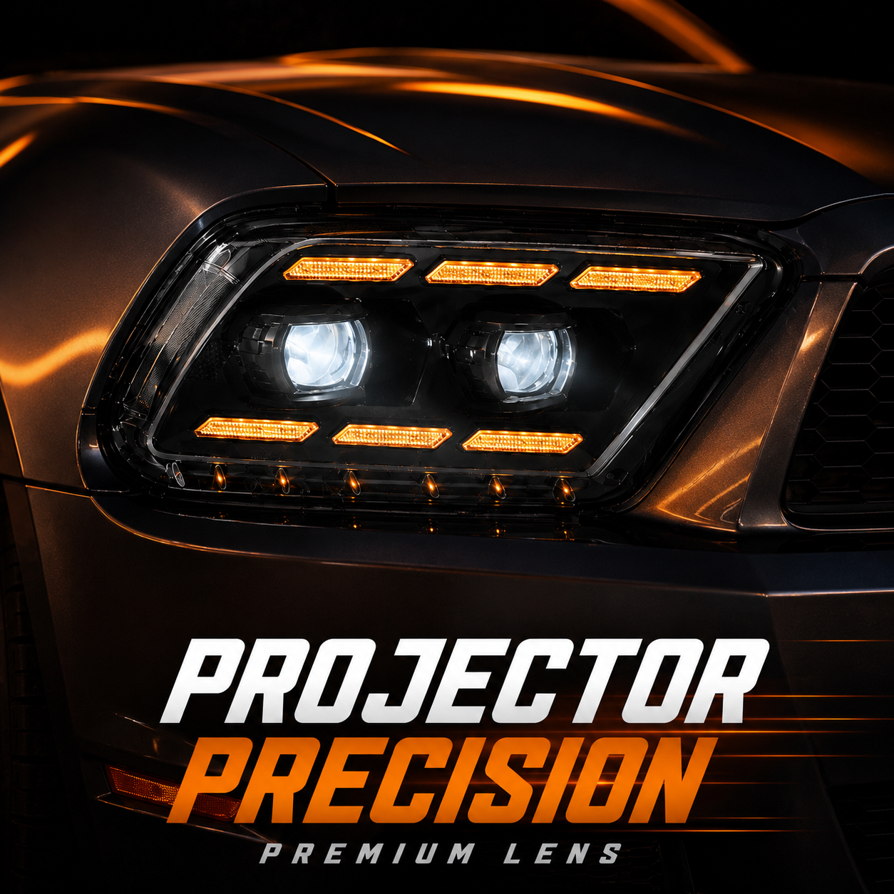 2010-2014 Ford Mustang LED Dual Projector Headlights — black housing LED projector DRL sequential lens close up