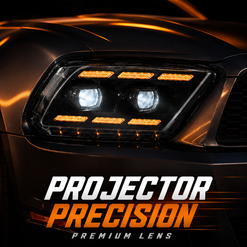 2010-2014 Ford Mustang LED Dual Projector Headlights — black housing LED projector DRL sequential lens close up
