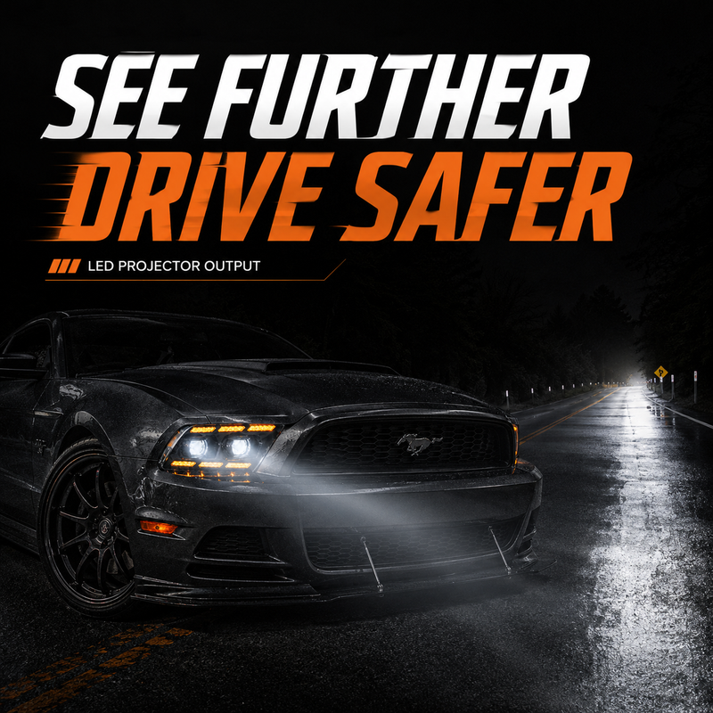 2010-2014 Ford Mustang LED Dual Projector Headlights — black housing LED projector DRL sequential see further drive safer