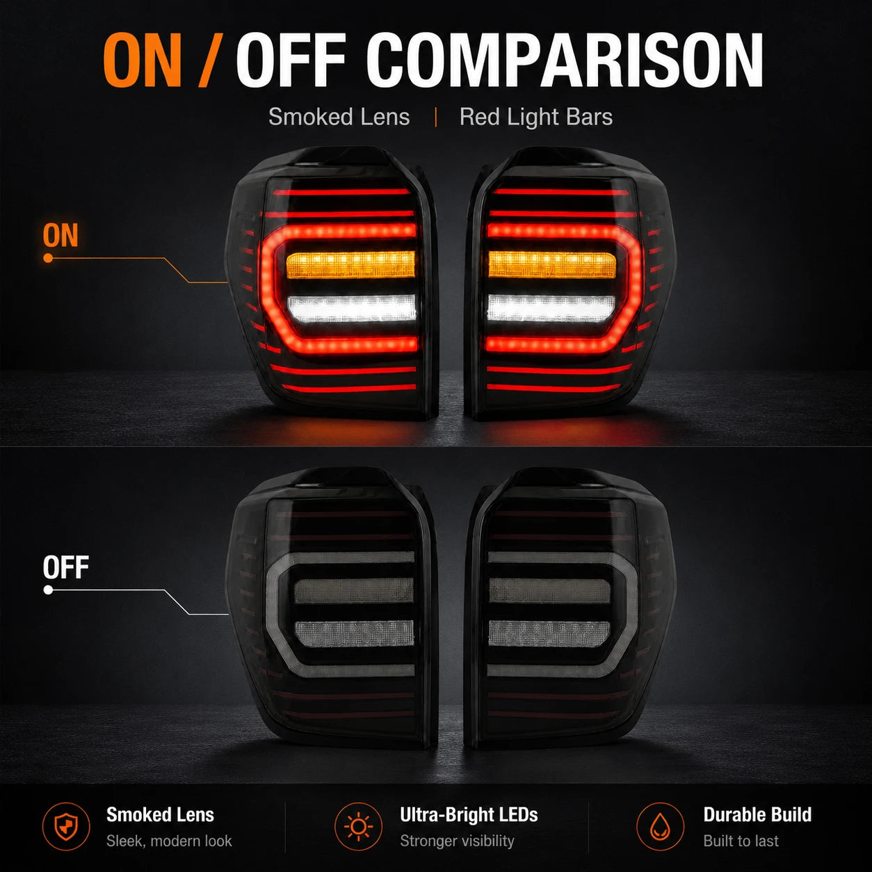 2010-2024 Toyota 4Runner Sequential LED Tail Lights — lit unlit comparison — T-4RN10-C-SR