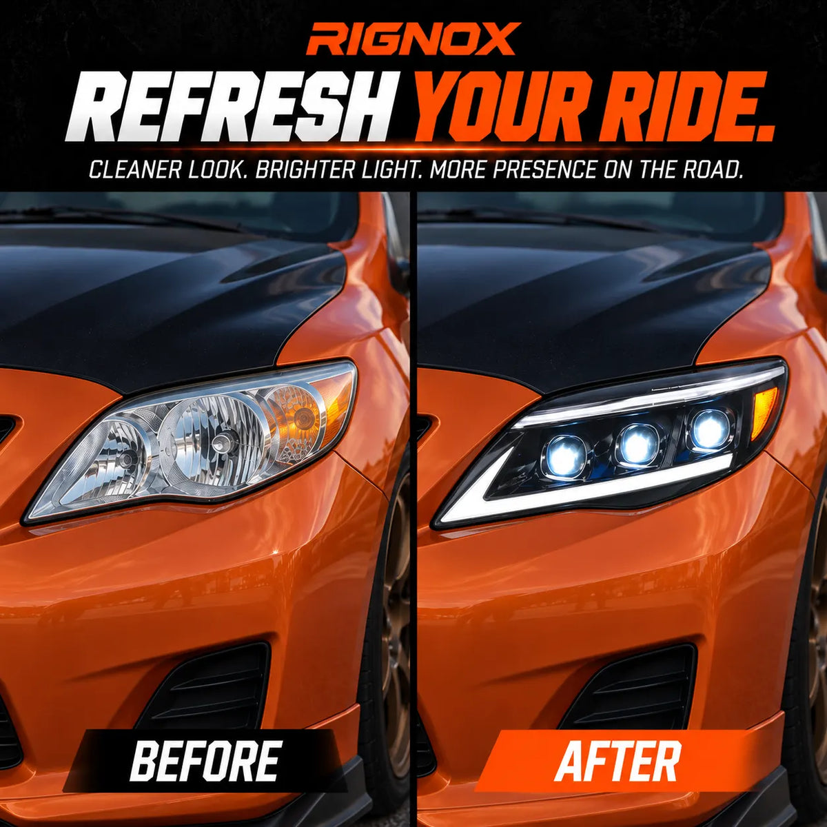 2011-2013 Toyota Corolla LED Triple Projector Headlights Assembly — Pair — before and after upgrade — H-COR11-AS