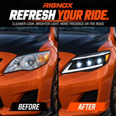 2011-2013 Toyota Corolla LED Triple Projector Headlights Assembly — Pair — before and after upgrade — H-COR11-AS