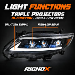 2011-2013 Toyota Corolla LED Triple Projector Headlights Assembly — Pair — triple projector function identification — H-COR11-AS