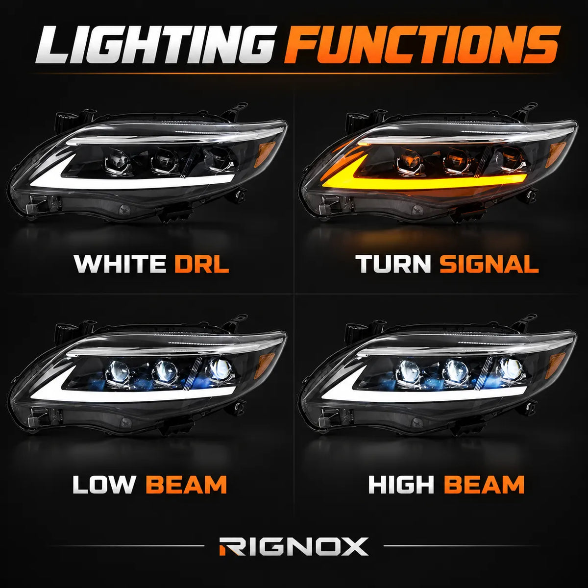 2011-2013 Toyota Corolla LED Triple Projector Headlights Assembly — Pair — lighting functions — H-COR11-AS