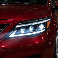 2011-2013 Toyota Corolla LED Triple Projector Headlights Assembly — Pair — red Corolla headlight close-up — H-COR11-AS