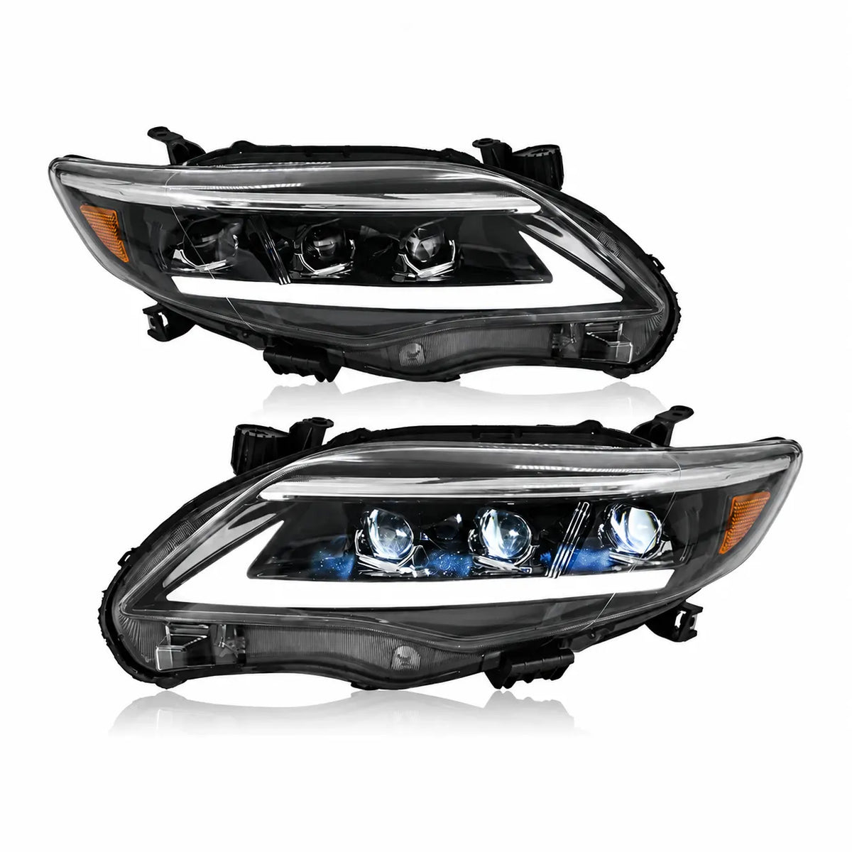 2011-2013 Toyota Corolla LED Triple Projector Headlights Assembly — Pair — headlight pair white background — H-COR11-AS