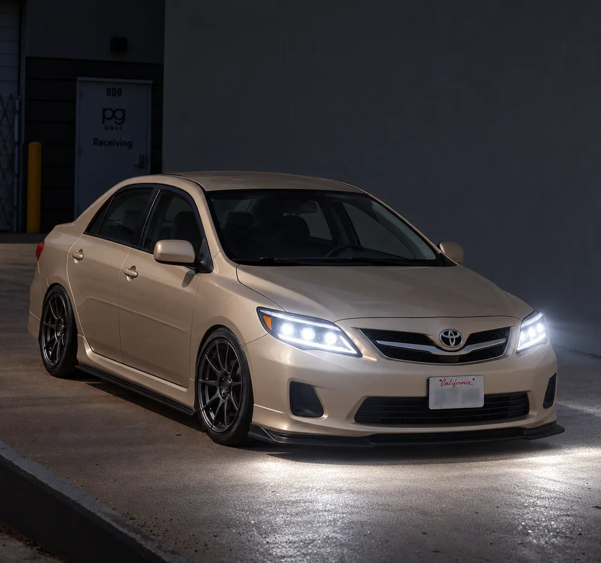 2011-2013 Toyota Corolla LED Triple Projector Headlights Assembly — Pair — yellow Corolla illuminated headlights front view — H-COR11-AS