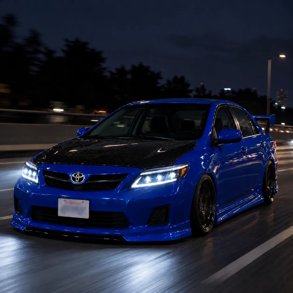 2011-2013 Toyota Corolla LED Triple Projector Headlights Assembly — Pair — blue Corolla headlights in rainy conditions — H-COR11-AS