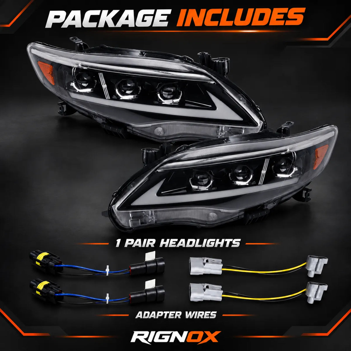 2011-2013 Toyota Corolla LED Triple Projector Headlights Assembly — Pair — pair of headlights and adapter wires — H-COR11-AS