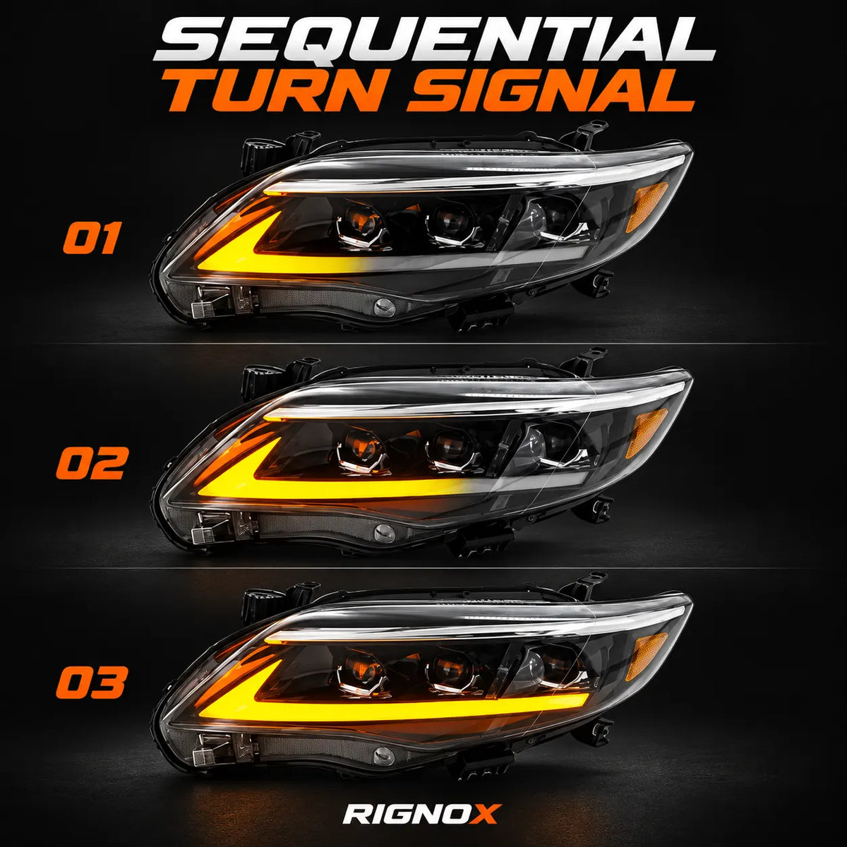 2011-2013 Toyota Corolla LED Triple Projector Headlights Assembly — Pair — sequential amber turn signal stages — H-COR11-AS