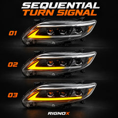 2011-2013 Toyota Corolla LED Triple Projector Headlights Assembly — Pair — sequential amber turn signal stages — H-COR11-AS