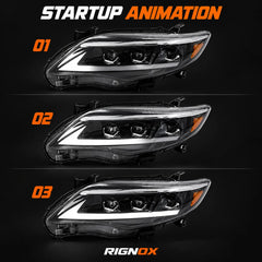 2011-2013 Toyota Corolla LED Triple Projector Headlights Assembly — Pair — white DRL startup animation stages — H-COR11-AS