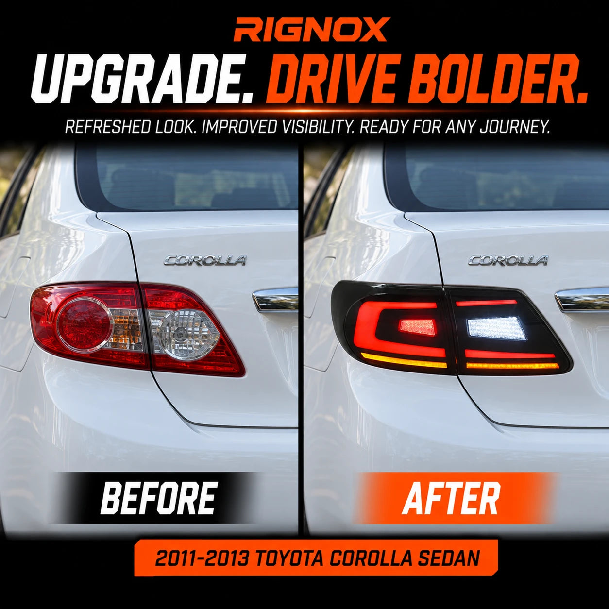 2011-2013 Toyota Corolla Sequential LED Tail Lights Assembly — before and after upgrade comparison — T-COR11-SR