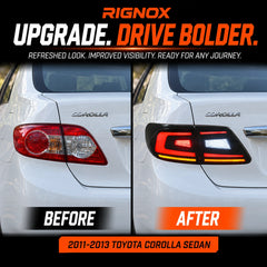 2011-2013 Toyota Corolla Sequential LED Tail Lights Assembly — before and after upgrade comparison — T-COR11-SR