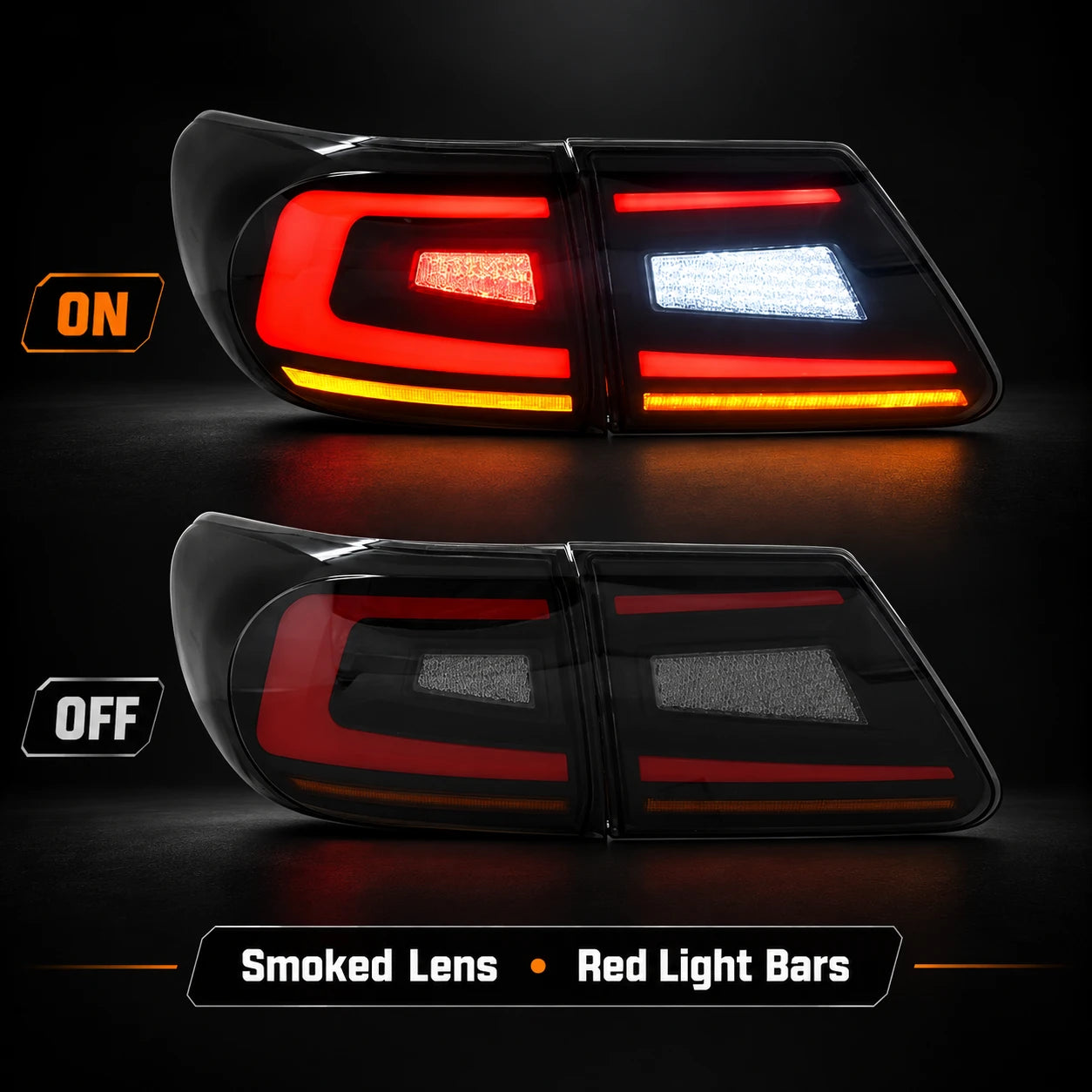 2011-2013 Toyota Corolla Sequential LED Tail Lights Assembly — smoked lens red light bars on and off comparison — T-COR11-SR