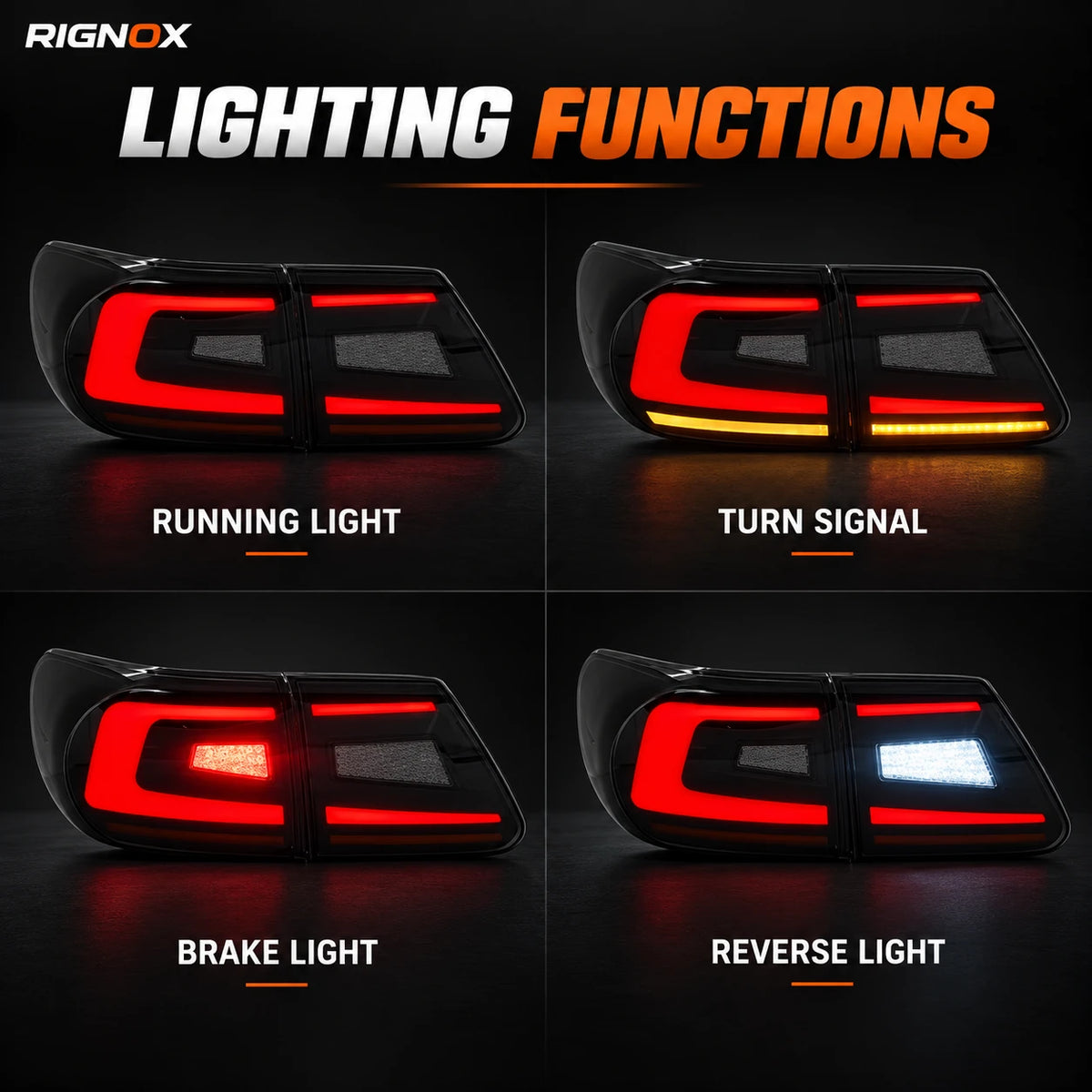 2011-2013 Toyota Corolla Sequential LED Tail Lights Assembly — running turn brake and reverse lighting functions — T-COR11-SR