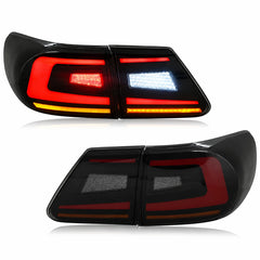 2011-2013 Toyota Corolla Sequential LED Tail Lights Assembly — main product view with lights on and off — T-COR11-SR
