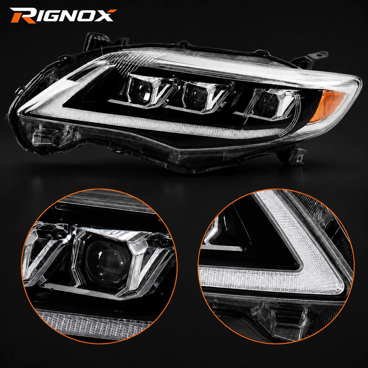 2011-2013 Toyota Corolla LED Triple Projector Headlights Assembly — light details — H-COR10