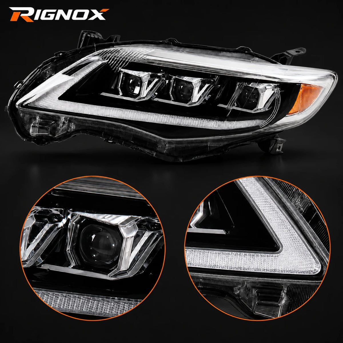 2011-2013 Toyota Corolla LED Triple Projector Headlights Assembly — light details — H-COR10