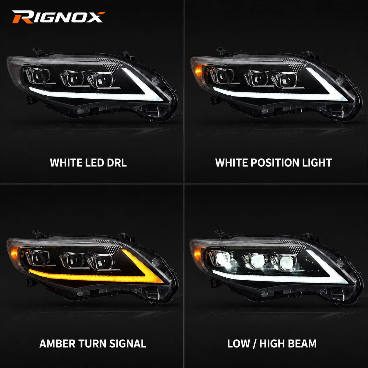 2011-2013 Toyota Corolla LED Triple Projector Headlights Assembly — light functions — H-COR10