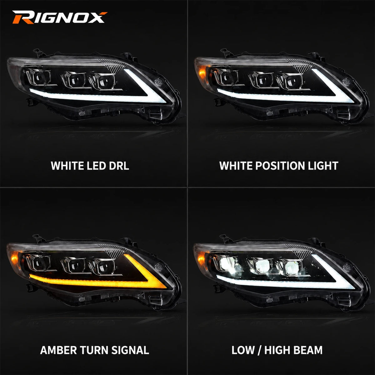 2011-2013 Toyota Corolla LED Triple Projector Headlights Assembly — light functions — H-COR10