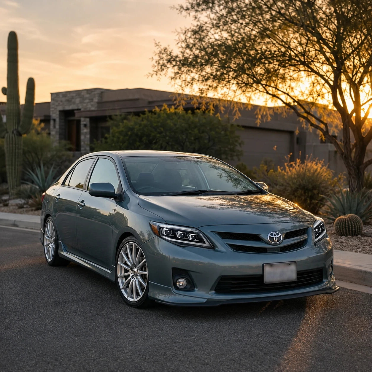 2011-2013 Toyota Corolla LED Triple Projector Headlights Assembly — sunset street parking view — H-COR10
