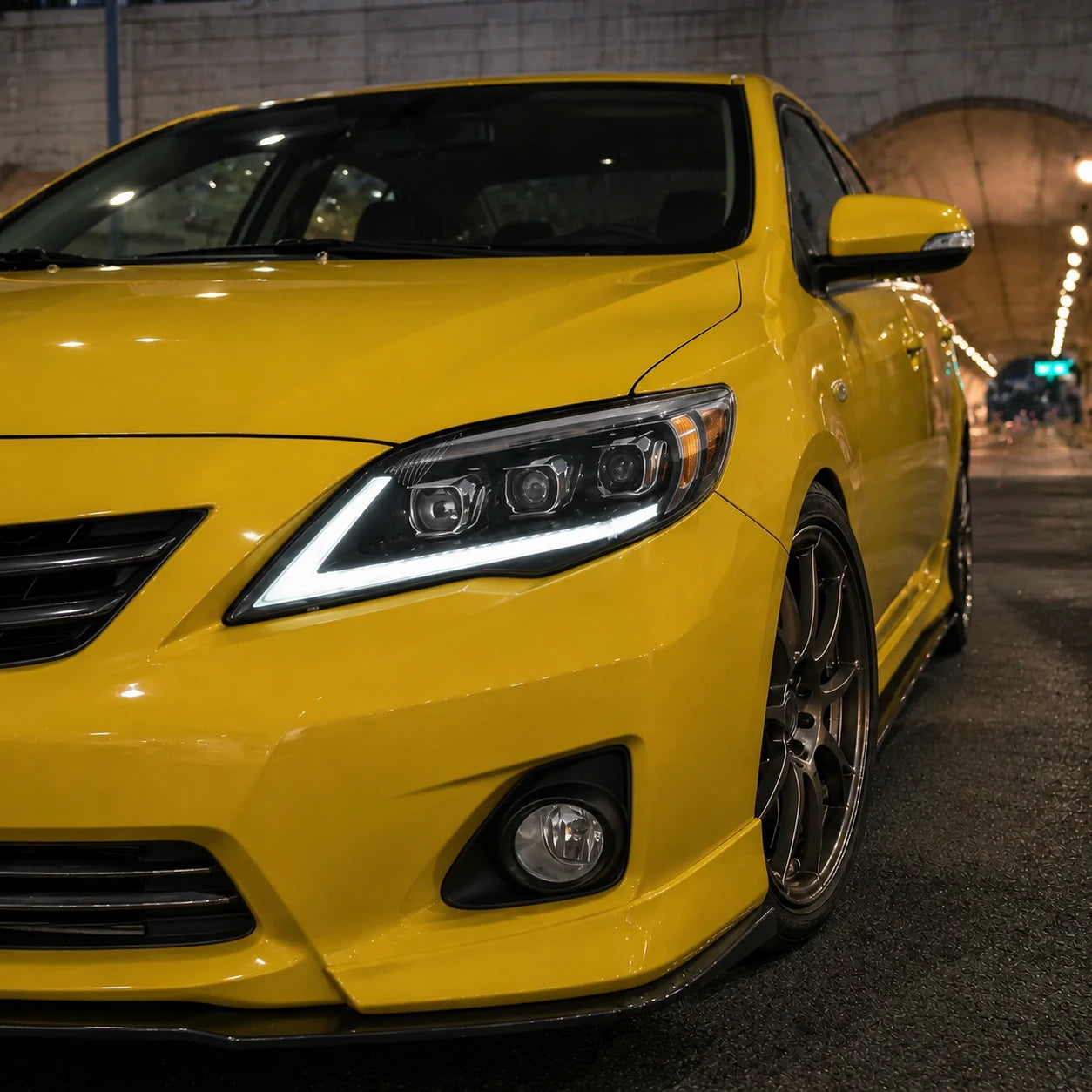 2011-2013 Toyota Corolla LED Triple Projector Headlights Assembly — white running light close-up — H-COR10