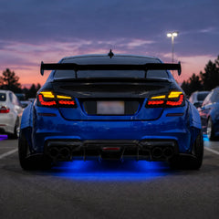 2011-2016 BMW 5 Series F10 / M5 F10 Sequential LED Tail Lights Assembly — 4-Piece Set — Modified BMW rear view at dusk — T-5F10-SR