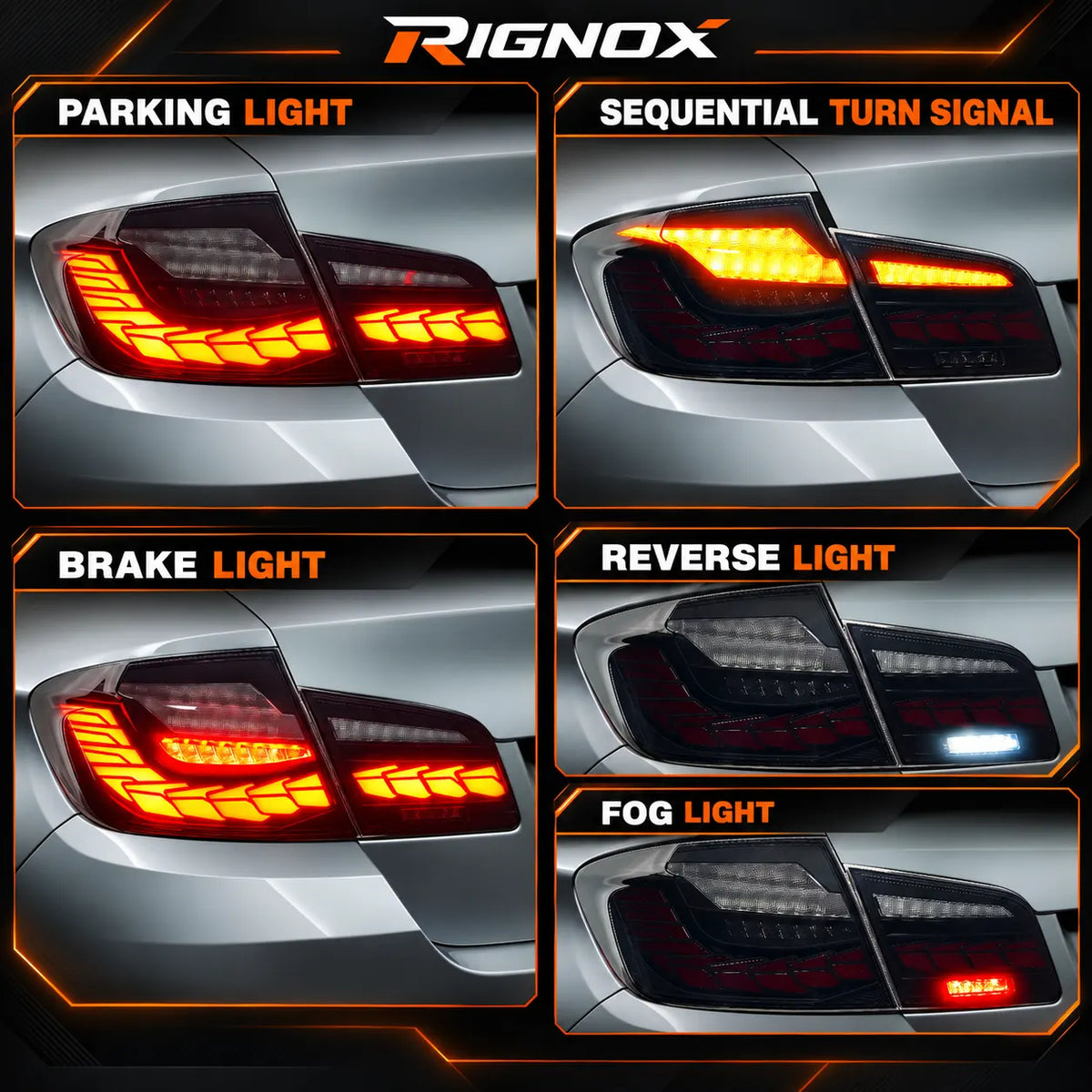 2011-2016 BMW 5 Series F10 / M5 F10 Sequential LED Tail Lights Assembly — 4-Piece Set — Parking brake turn reverse and fog light functions — T-5F10-SR