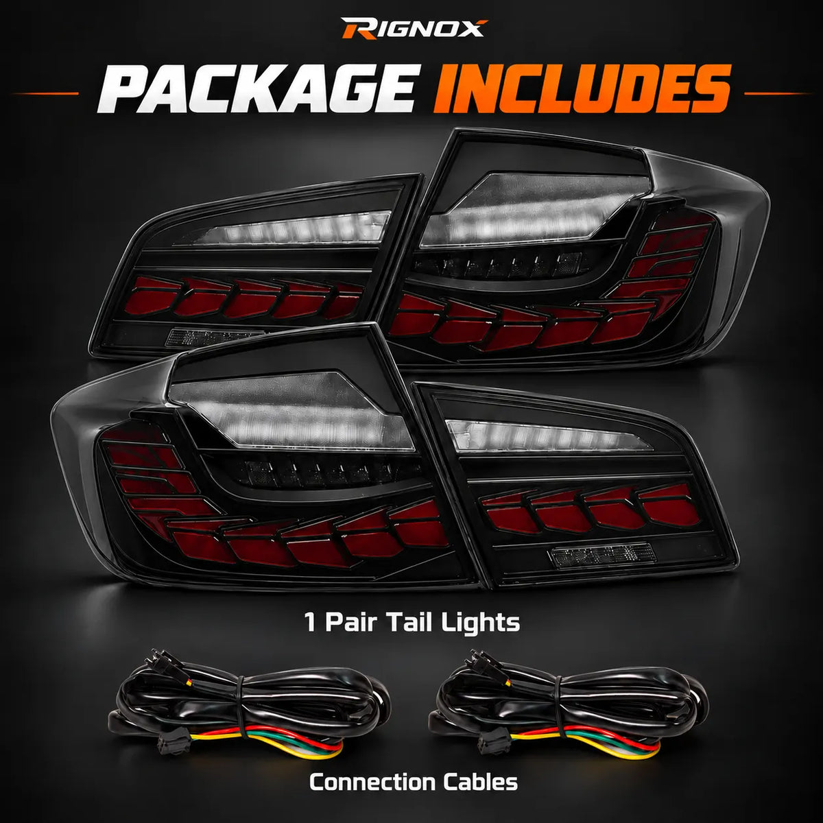 2011-2016 BMW 5 Series F10 / M5 F10 Sequential LED Tail Lights Assembly — 4-Piece Set — Four tail light pieces and connection cables — T-5F10-SR