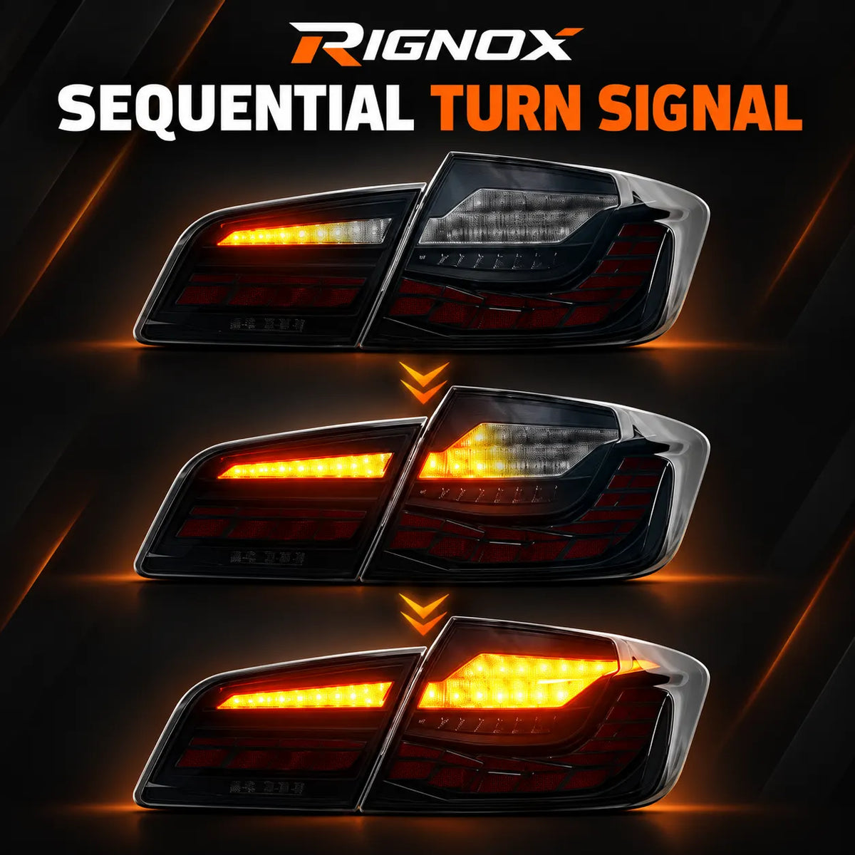 2011-2016 BMW 5 Series F10 / M5 F10 Sequential LED Tail Lights Assembly — 4-Piece Set — Amber sequential turn signal stages — T-5F10-SR