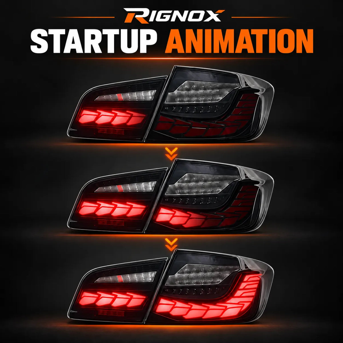 2011-2016 BMW 5 Series F10 / M5 F10 Sequential LED Tail Lights Assembly — 4-Piece Set — Red LED startup animation stages — T-5F10-SR